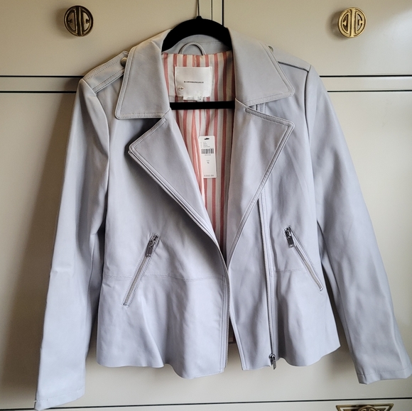 New Anthroplogie Peplum Faux Leather Jacket Blazer Light Gray Size M - Picture 7 of 10